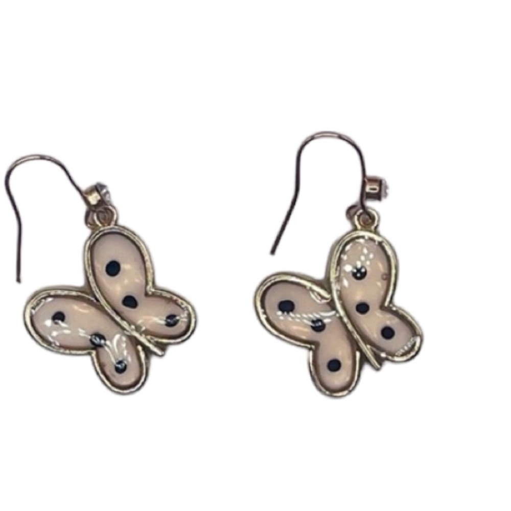 Gold and Black Polka Dot Butterfly Drop Earrings